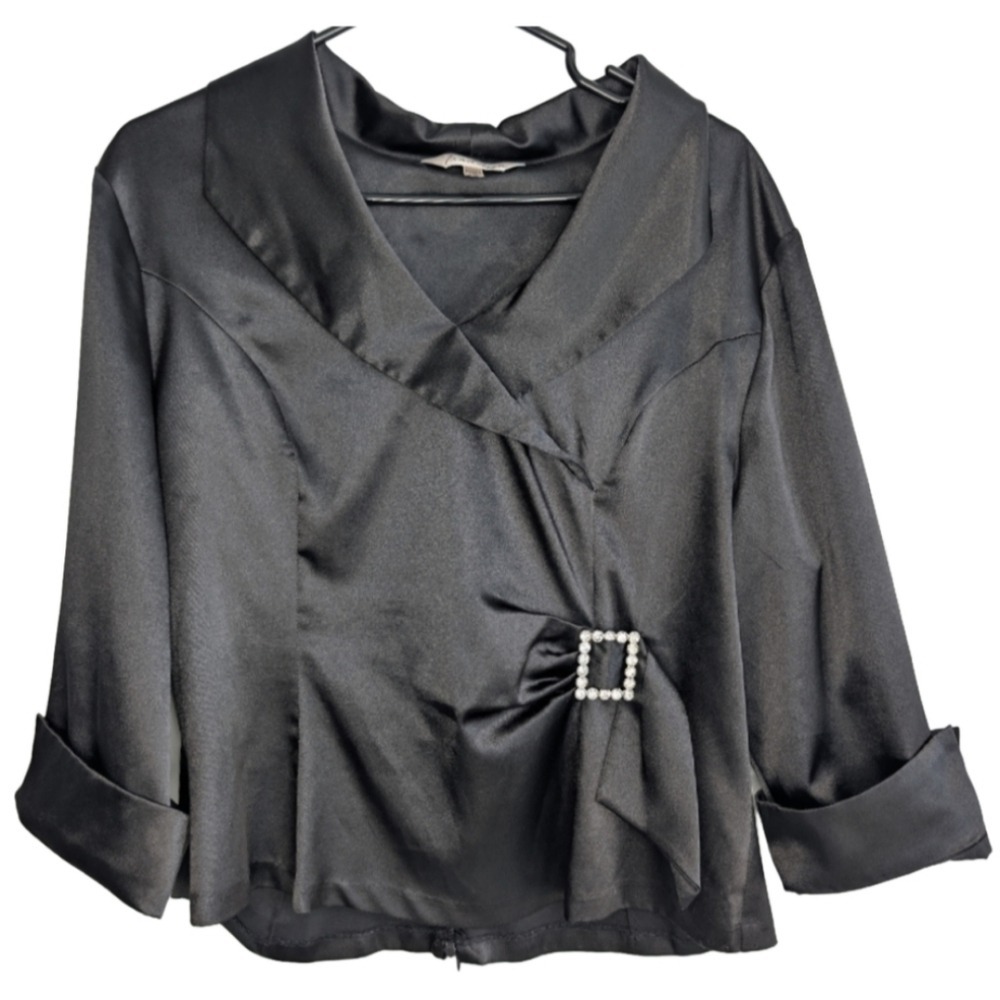 Tradition Women's Size 16 Petite Black Satin Fitted Glam Long Sleeve Top Retro‎